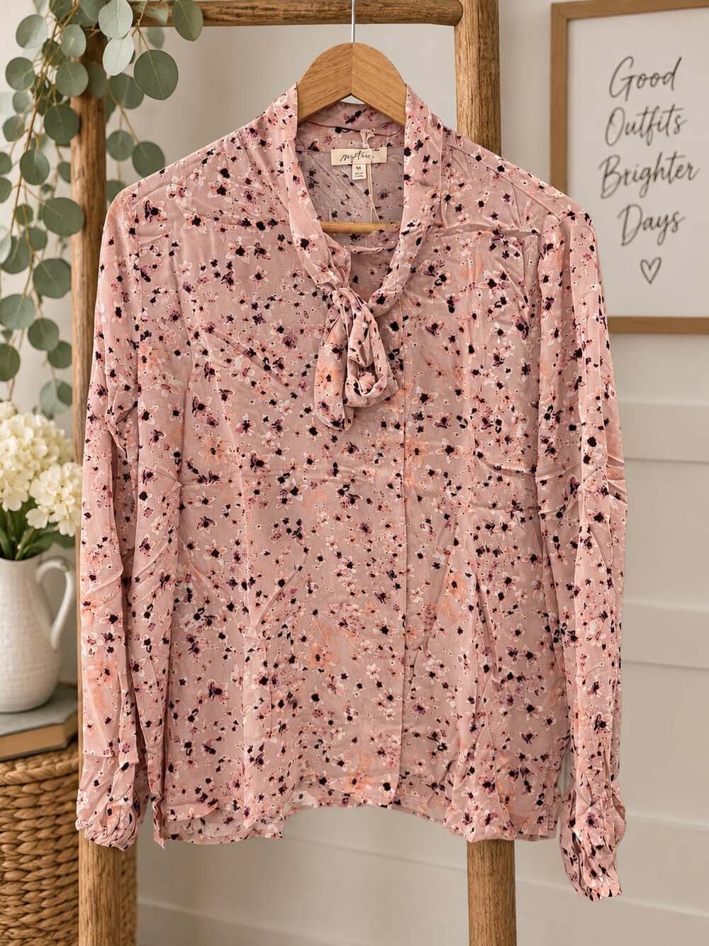 NWT Mystree Boutique Floral Print Tie Neck Long Sleeve Blouse Top Sz S M L